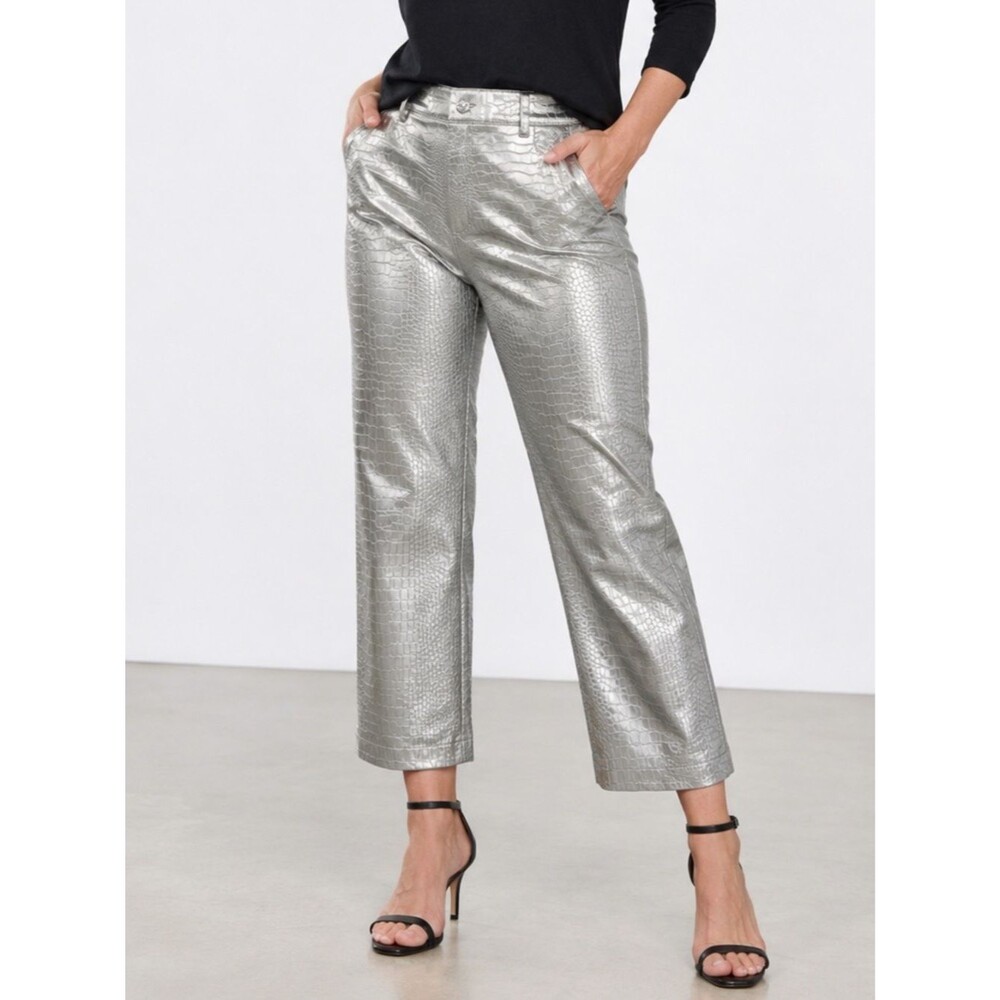 BOSS Orange Croc Embossed Faux Leather Ankle Pants Metallic Silver 14 NEW